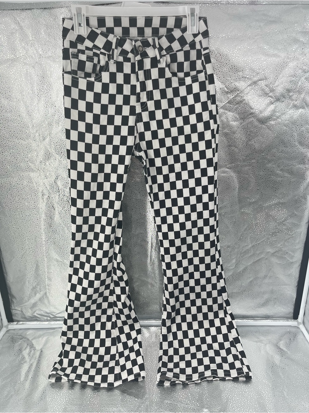 Y2K Checkered Flare Jeans Pants High Rise Black White Checkerboard Bell Small 27